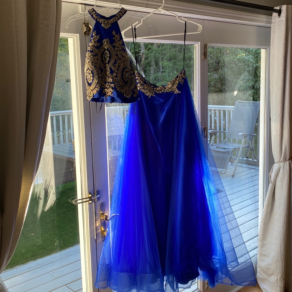 Two piece blue and gold prom dress!